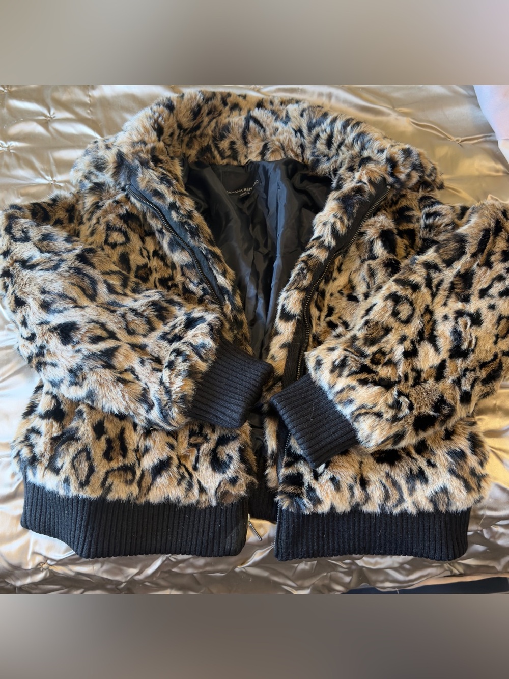 Banana Republic Faux Fur Leopard Bomber Jacket - Tan & Black